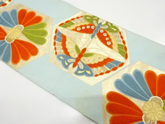 JAPANESE KIMONO / ANTIQUE FUKURO OBI / SILK / WOVEN BUTTERFLY & KIKU